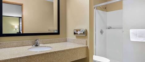 A bathroom with a granite countertop sink, a mirror, a toilet, and a glass-enclosed shower.