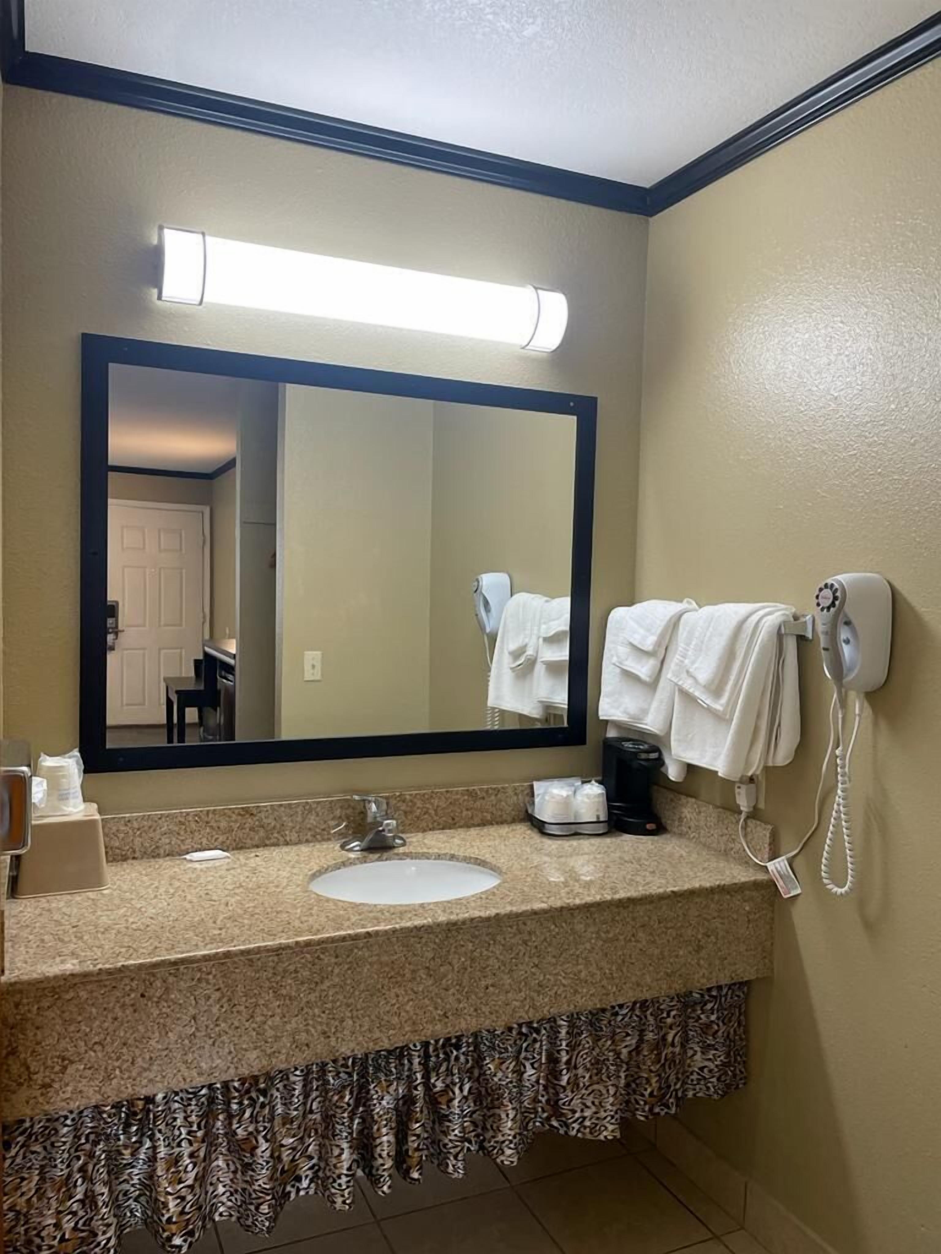 A hotel bathroom with a sink, mirror, towel rack, and a hairdryer.