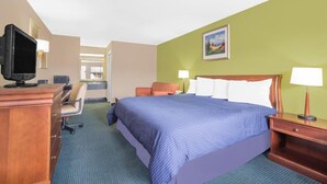 Una habitación de hotel con cama, escritorio, silla y televisor.