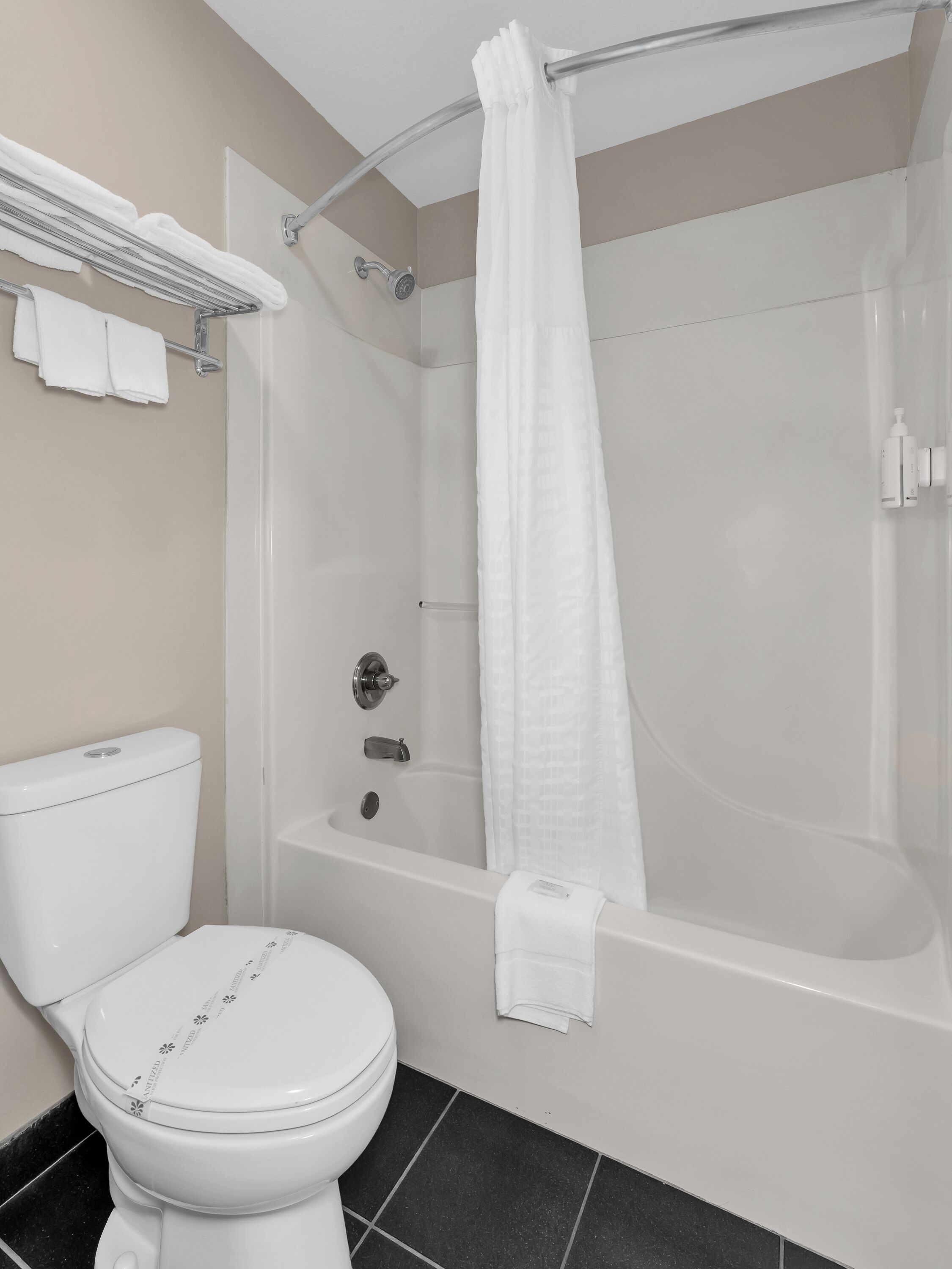 A bathroom with a white toilet, a bathtub, and a shower curtain.