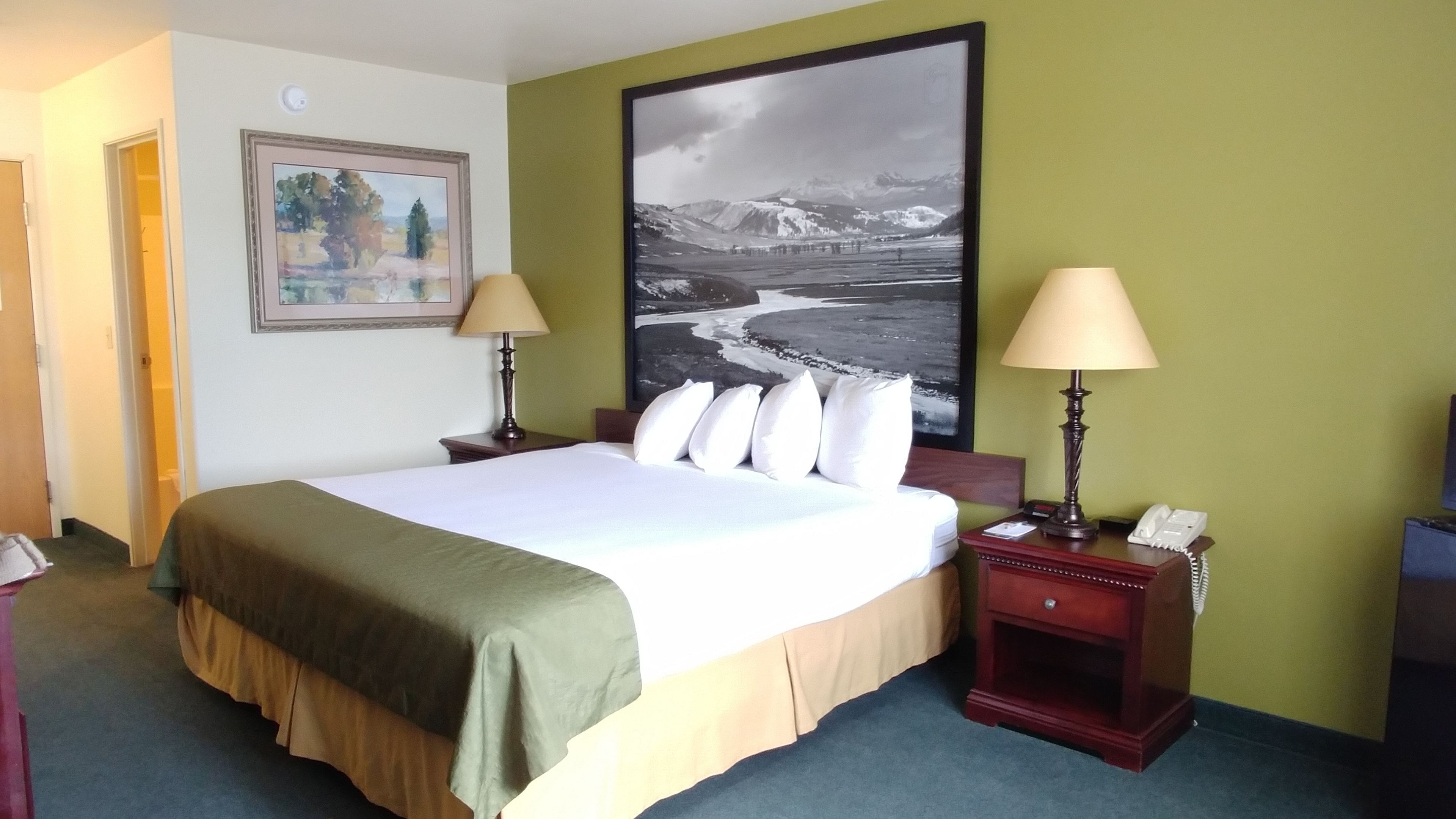 A hotel room with a large bed, two bedside lamps, a nightstand with a phone, and a framed landscape painting on the wall.