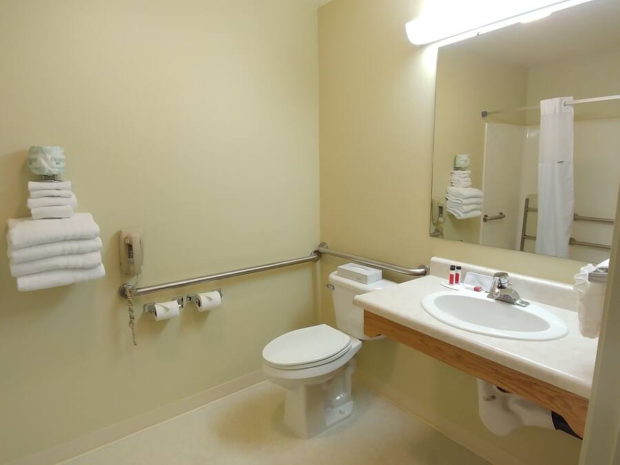 A bathroom with a toilet, sink, and handrails.