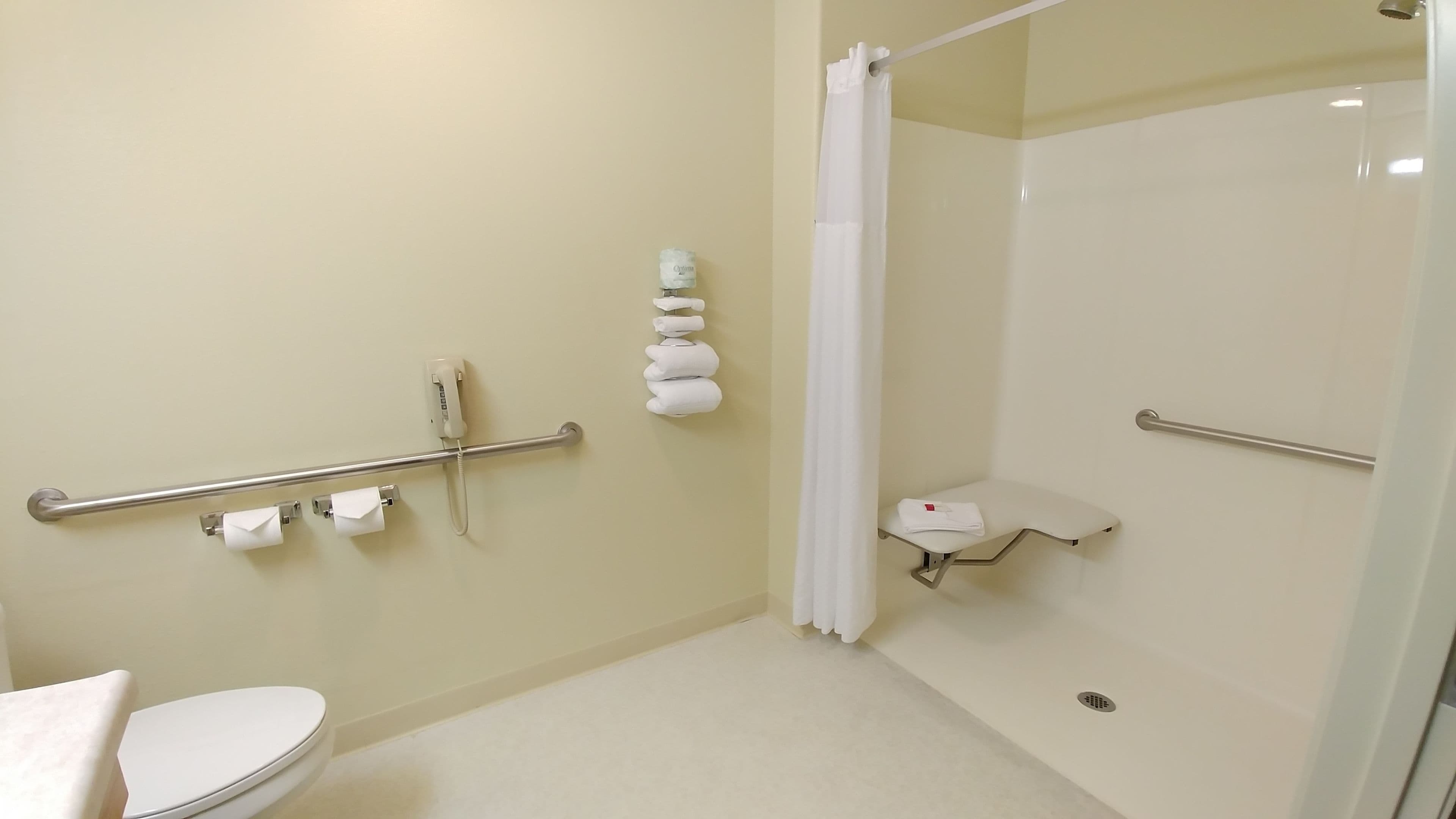A bathroom with a toilet, a shower with a glass door, and a handrail.