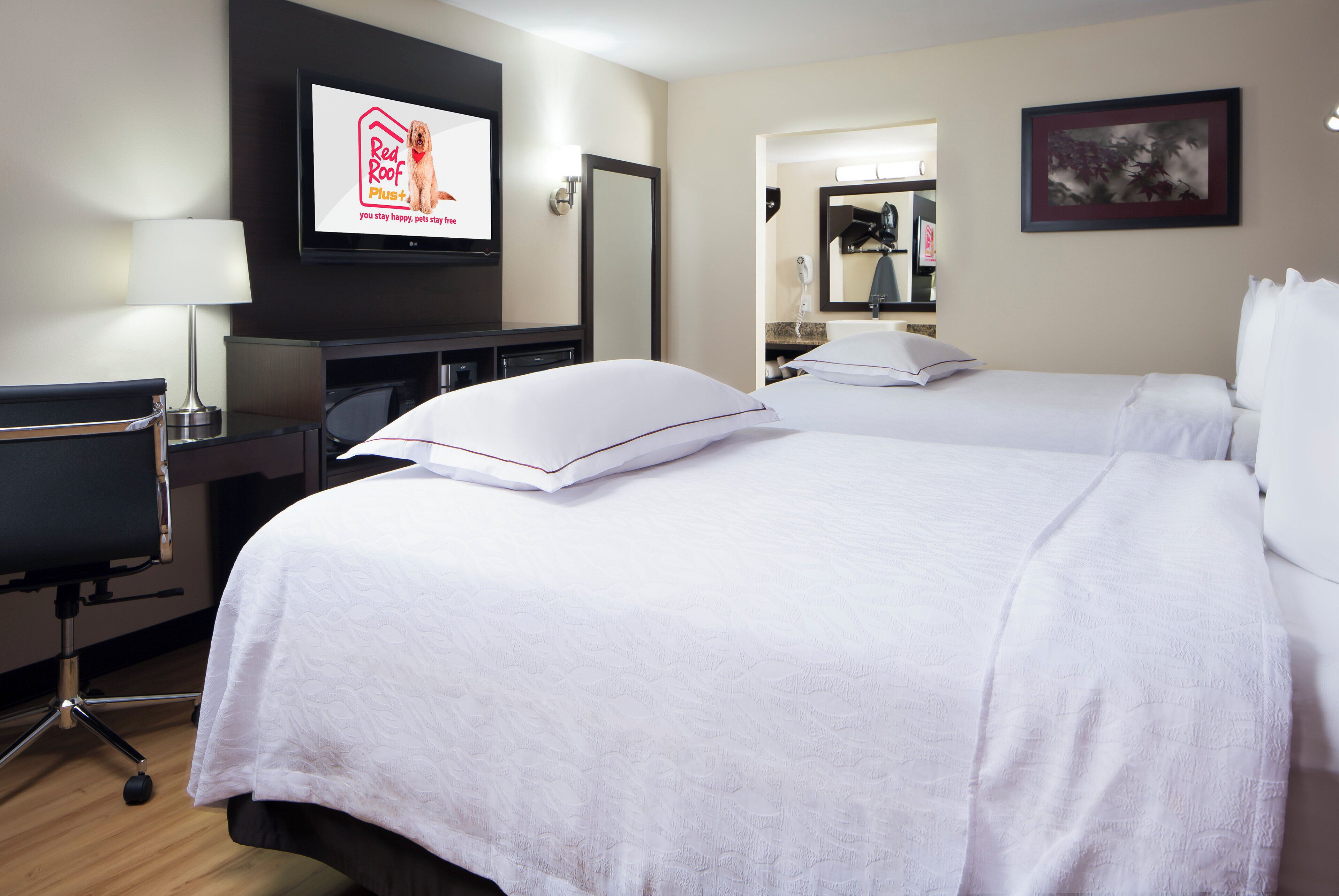 A hotel room with two beds, a desk, a chair, a TV, and a mirror.