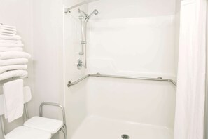 Combined shower/tub, free toiletries, hair dryer, towels