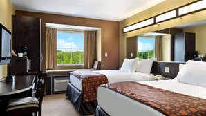 Hotelkamer met twee bedden, een bureau, een stoel, een televisie en een groot raam met uitzicht op groen.