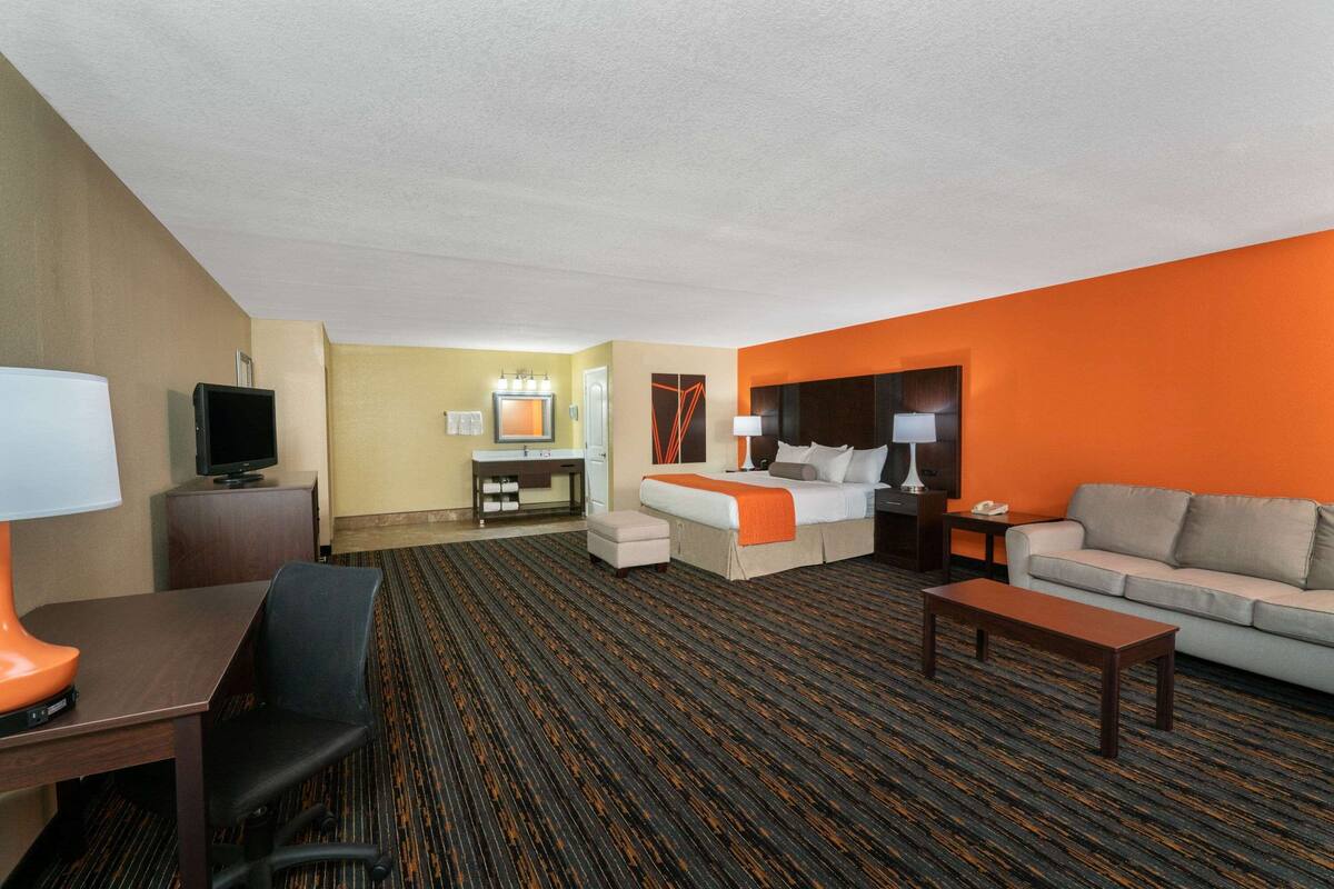 Una camera d'albergo con un letto, un divano, una scrivania, una televisione e un pavimento rivestito di moquette.