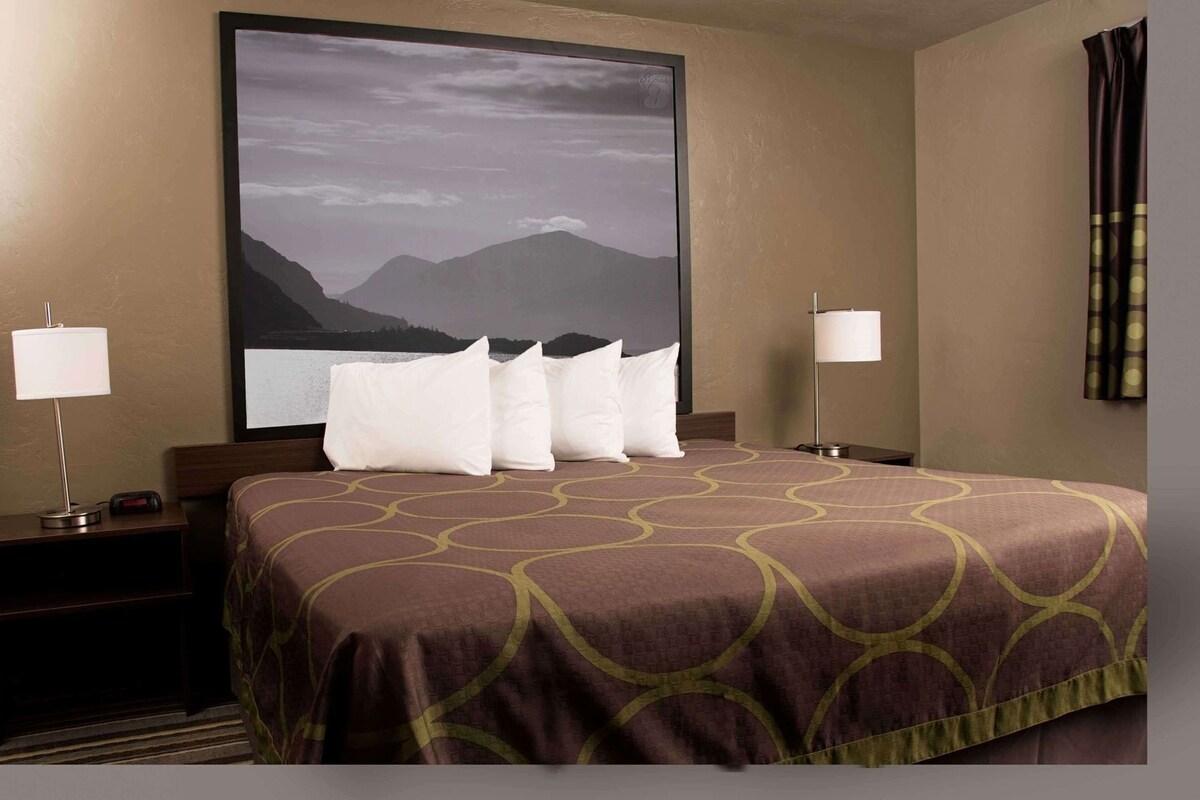 A hotel room with a large bed, two bedside lamps, a nightstand, and a large framed picture on the wall.