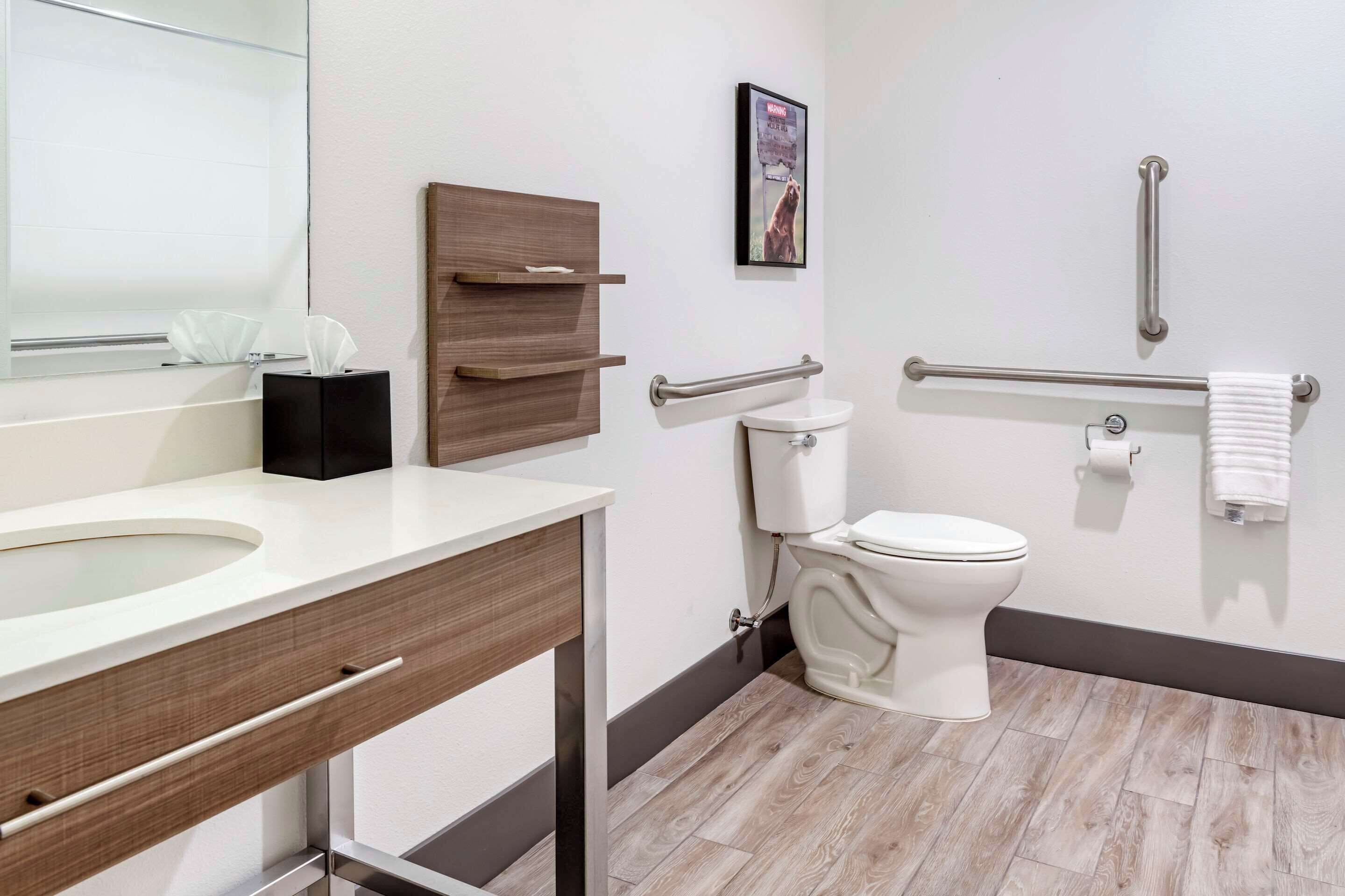 A modern bathroom with a white sink, wooden vanity, a toilet, and a handrail.