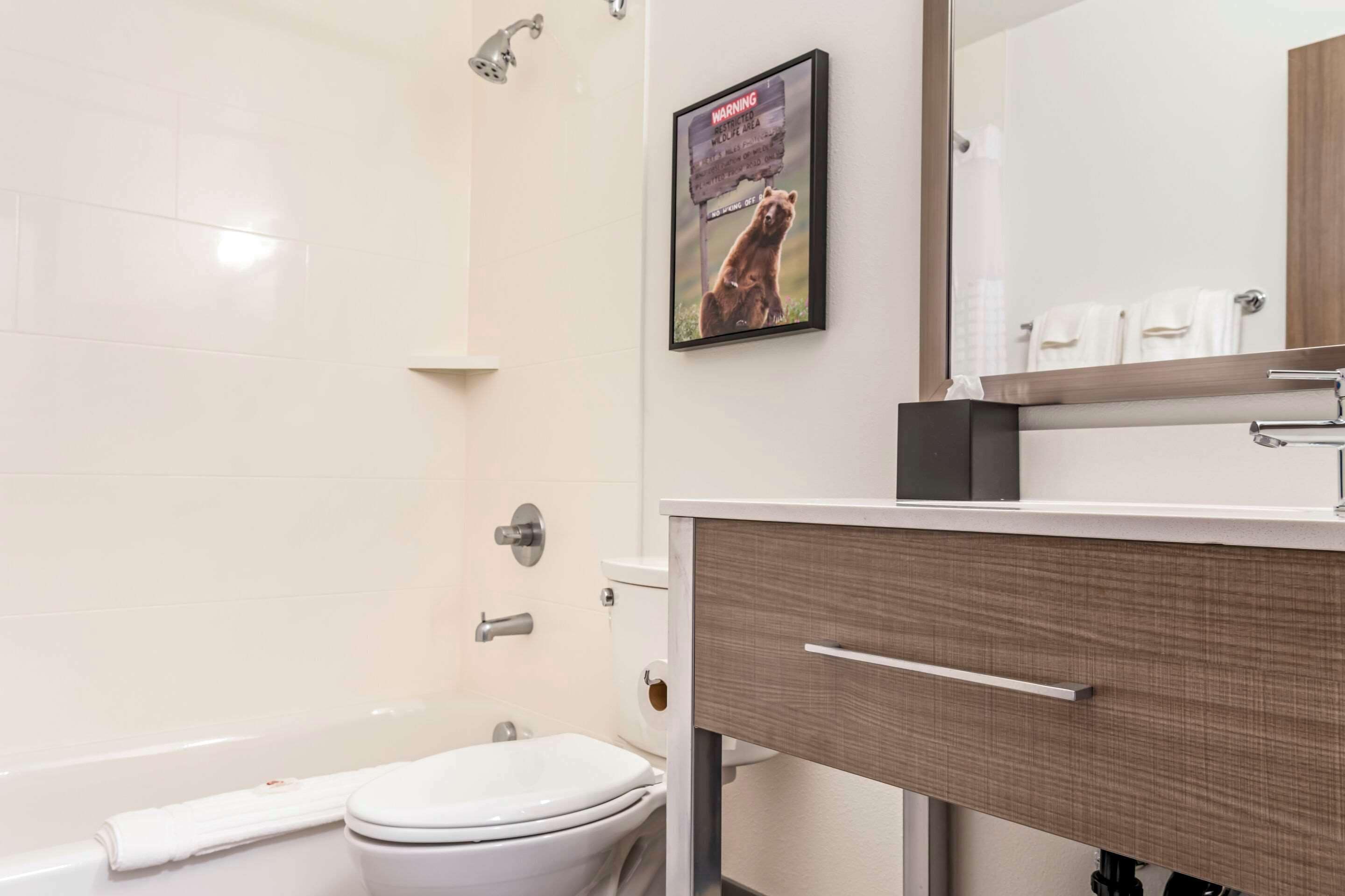 Een badkamer met een wit toilet, een douche en een wastafel met spiegel.