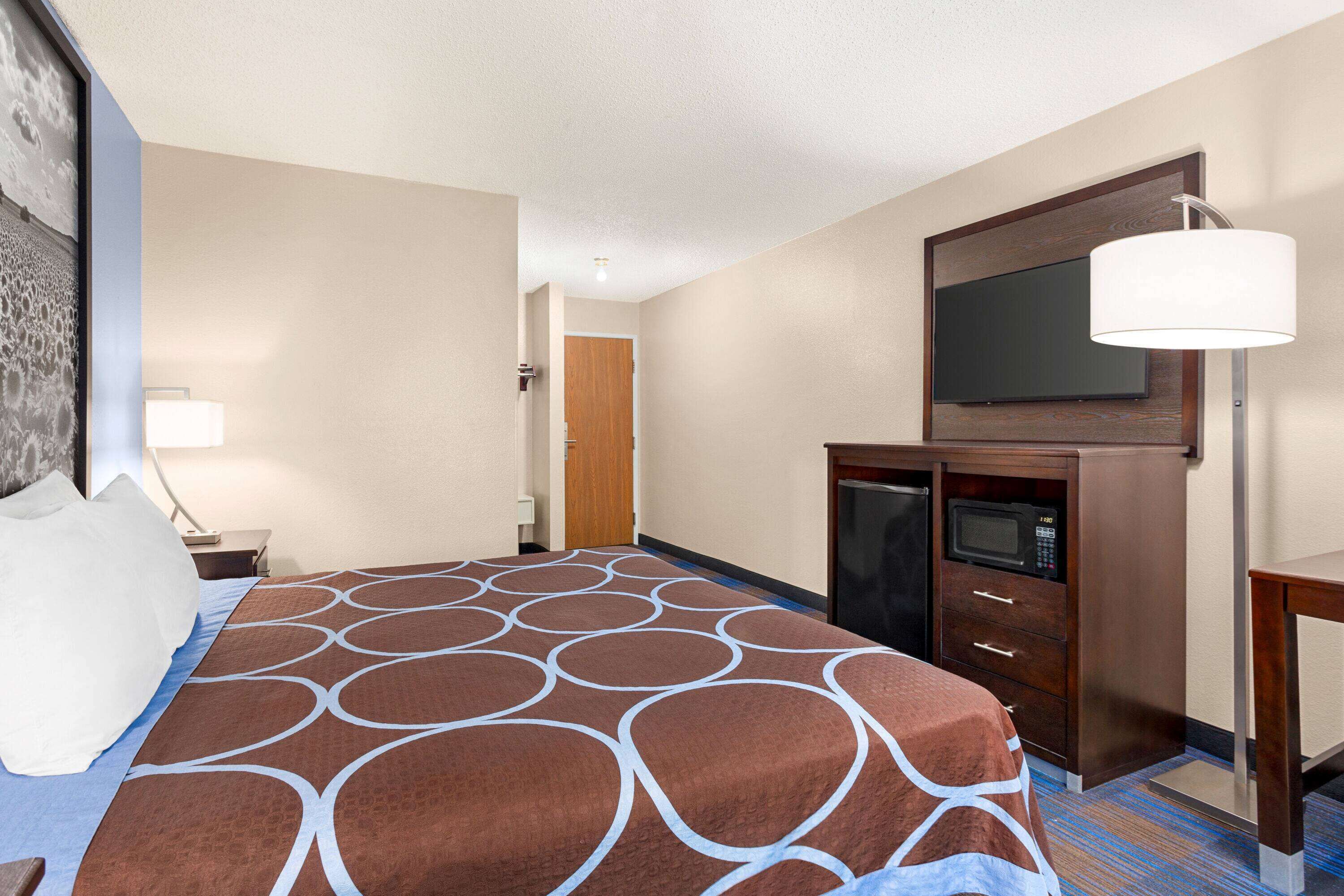 A hotel room with a bed, a TV, a microwave, and a desk.