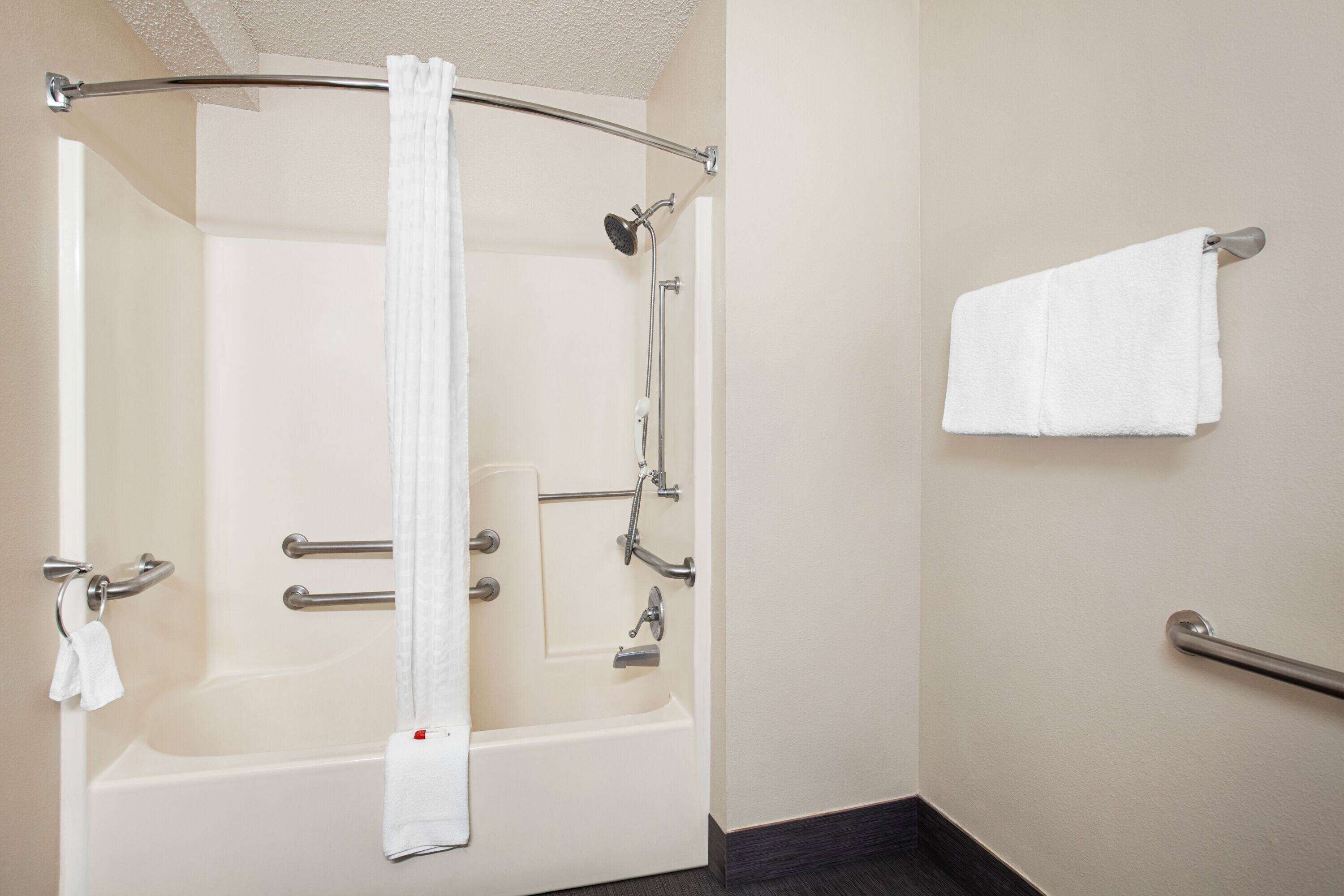 Une salle de bain avec une baignoire, une douche et un porte-serviettes.