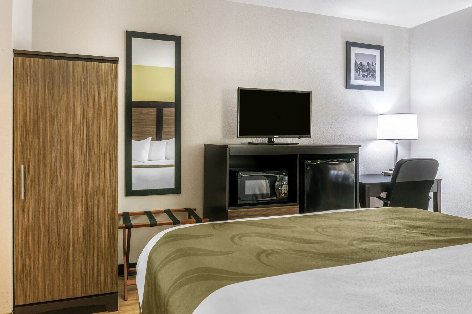 A hotel room with a bed, a television, a microwave, a refrigerator, a desk with a chair, a wardrobe, and a mirror.