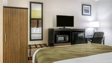 A hotel room with a bed, a television, a microwave, a refrigerator, a desk with a chair, a wardrobe, and a mirror.