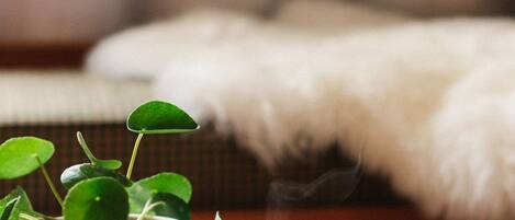 A cozy indoor setting with a white mug, a small candle, and a potted plant on a round table.
