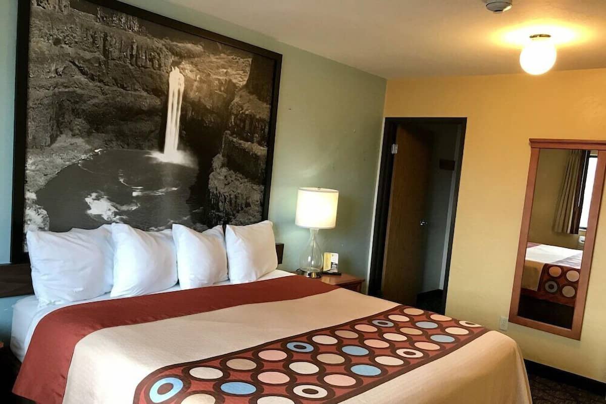 Habitación de hotel con una cama, un cuadro grande en la pared, una mesita de noche con lámpara y un espejo.