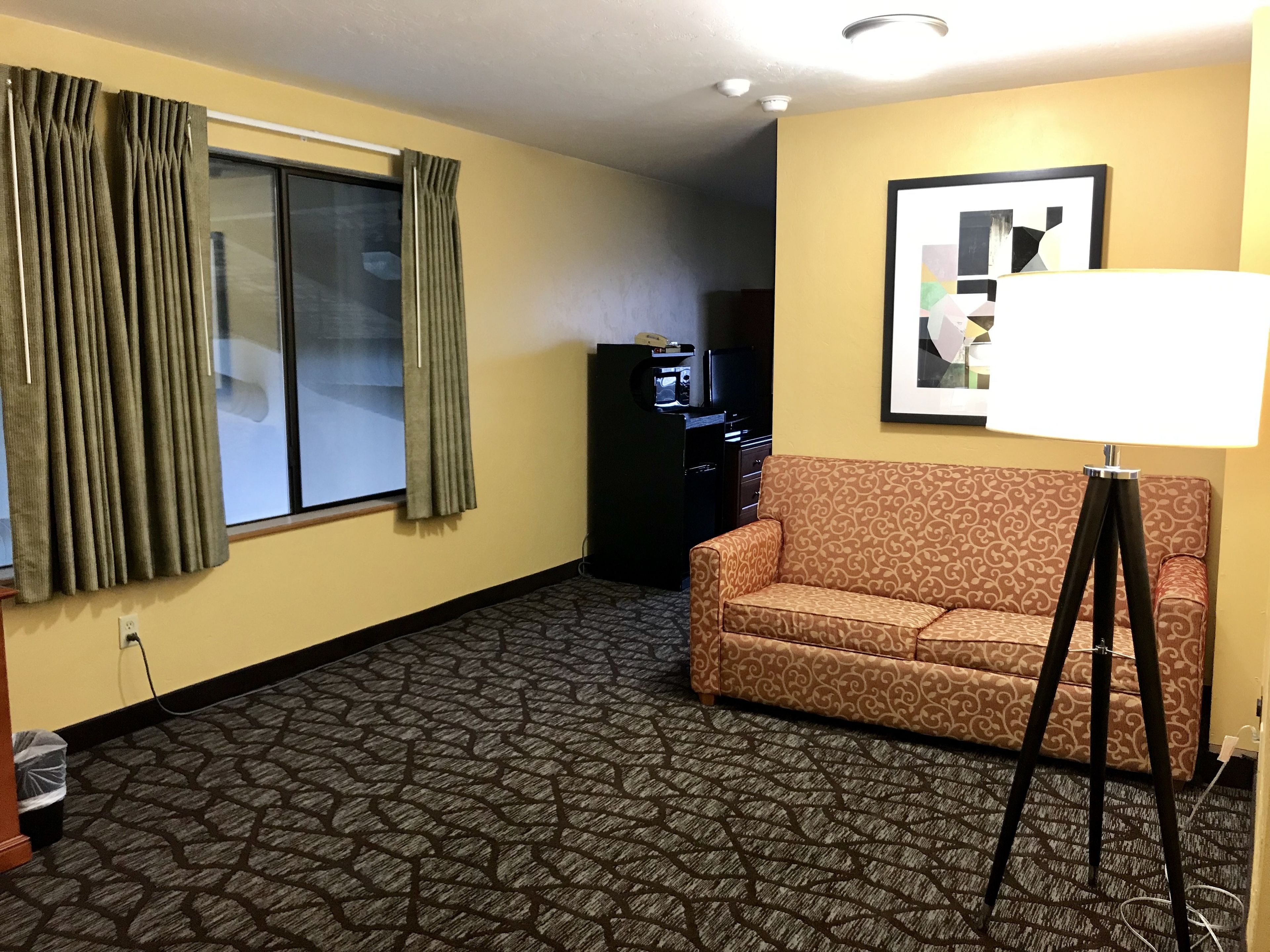 A hotel room with a patterned carpet, a sofa, a standing lamp, a TV on a cabinet, and a window with curtains.