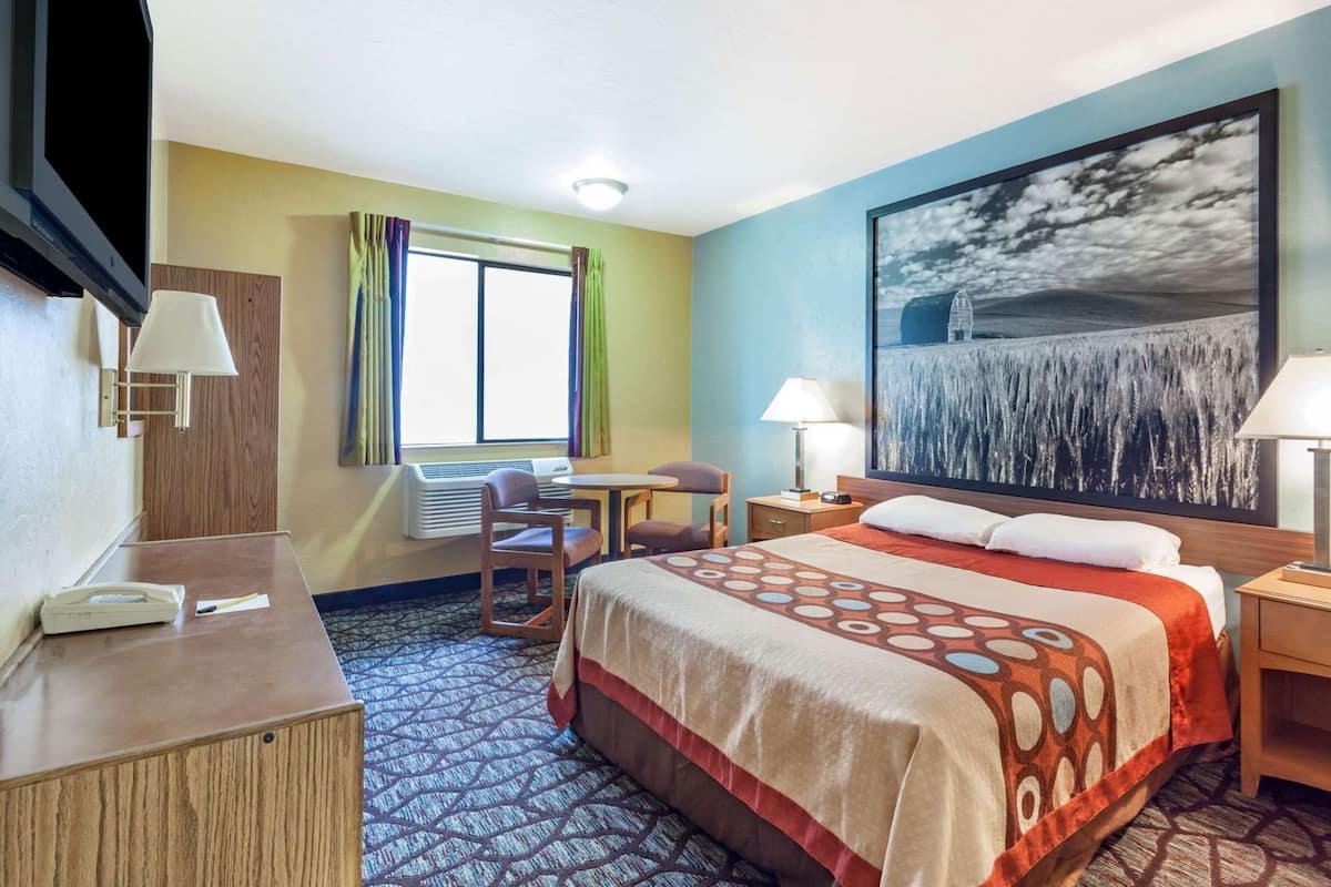 Habitación de hotel con cama, escritorio, silla, televisión, ventana con cortinas, un cuadro y una lámpara.