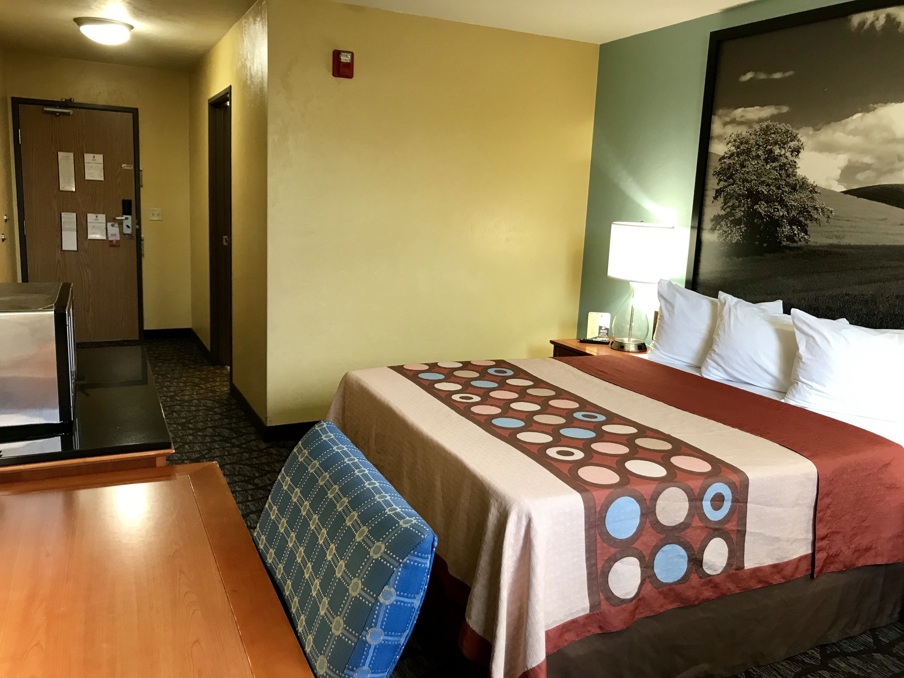 A hotel room with a bed, a desk, a chair, a bench, a lamp, and a painting on the wall.
