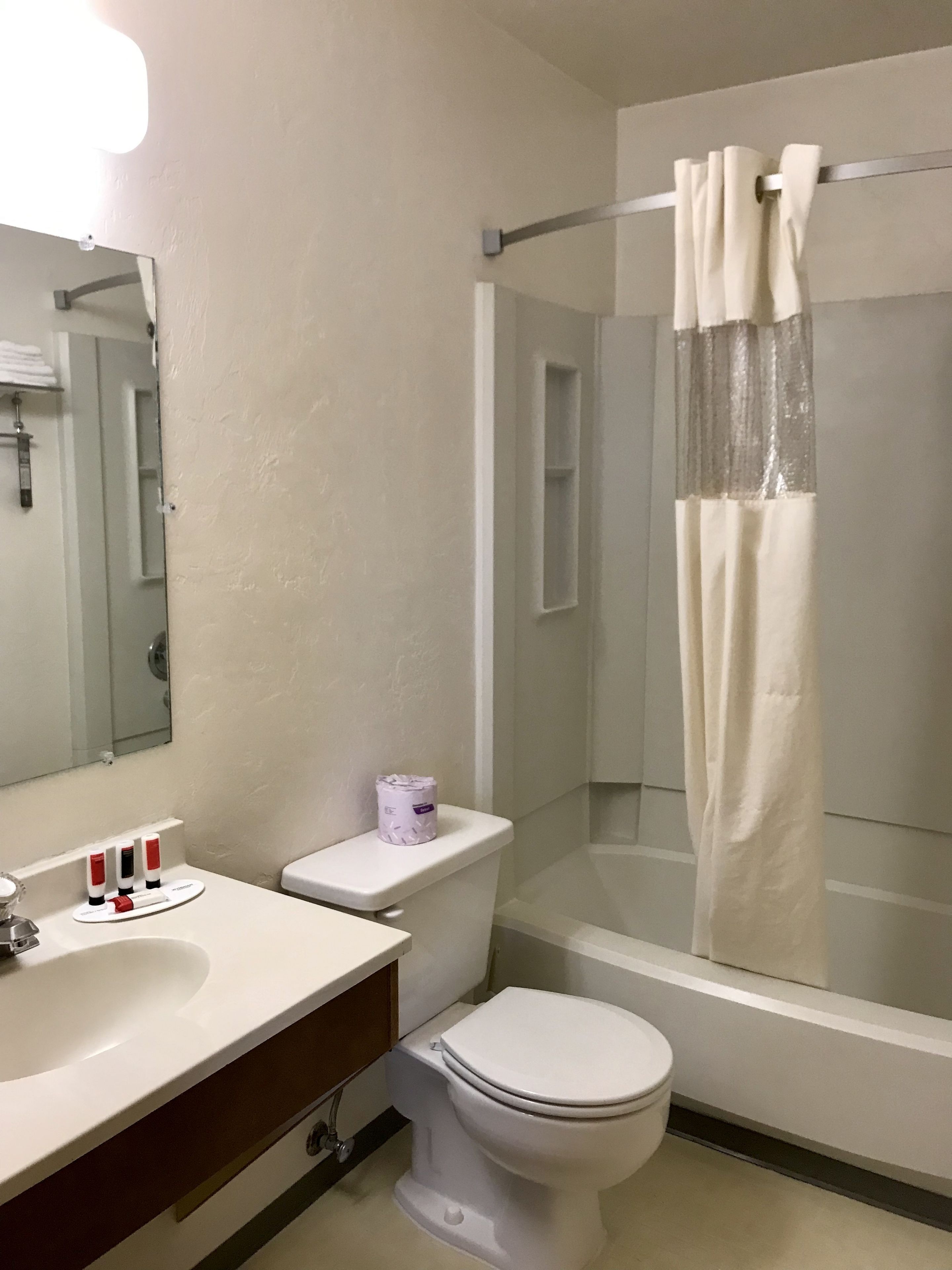 A bathroom with a toilet, sink, and shower.