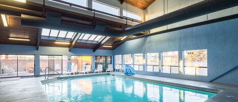 Indoor pool, open 8 AM to 10 PM, pool loungers