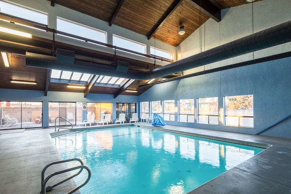 Indoor pool, open 8 AM to 10 PM, pool loungers