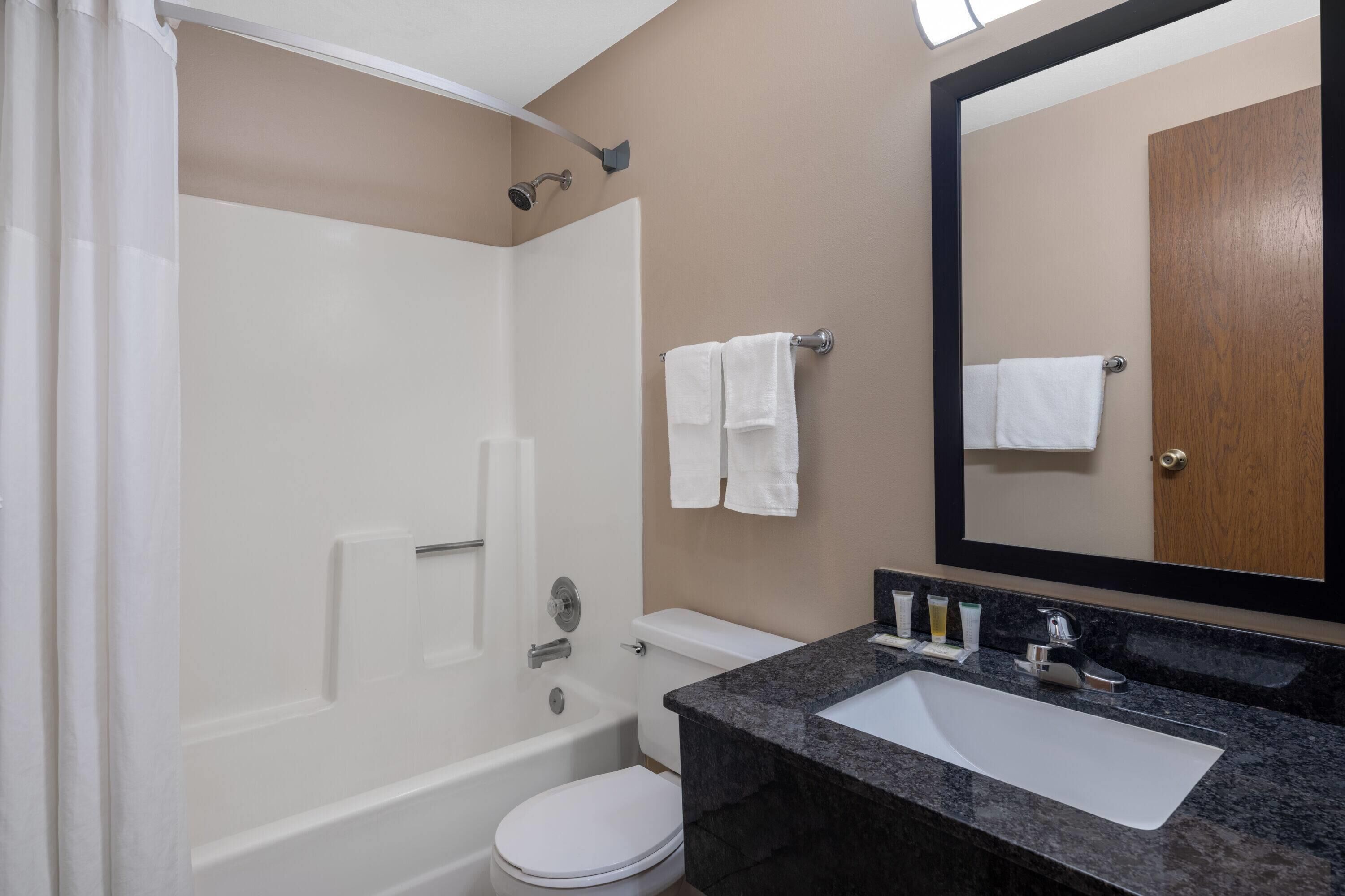Combined shower/bathtub, free toiletries, hair dryer, towels