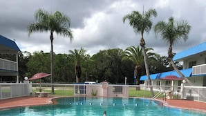 Una piscina con borde de ladrillo, palmeras y un edificio con techo azul al fondo.