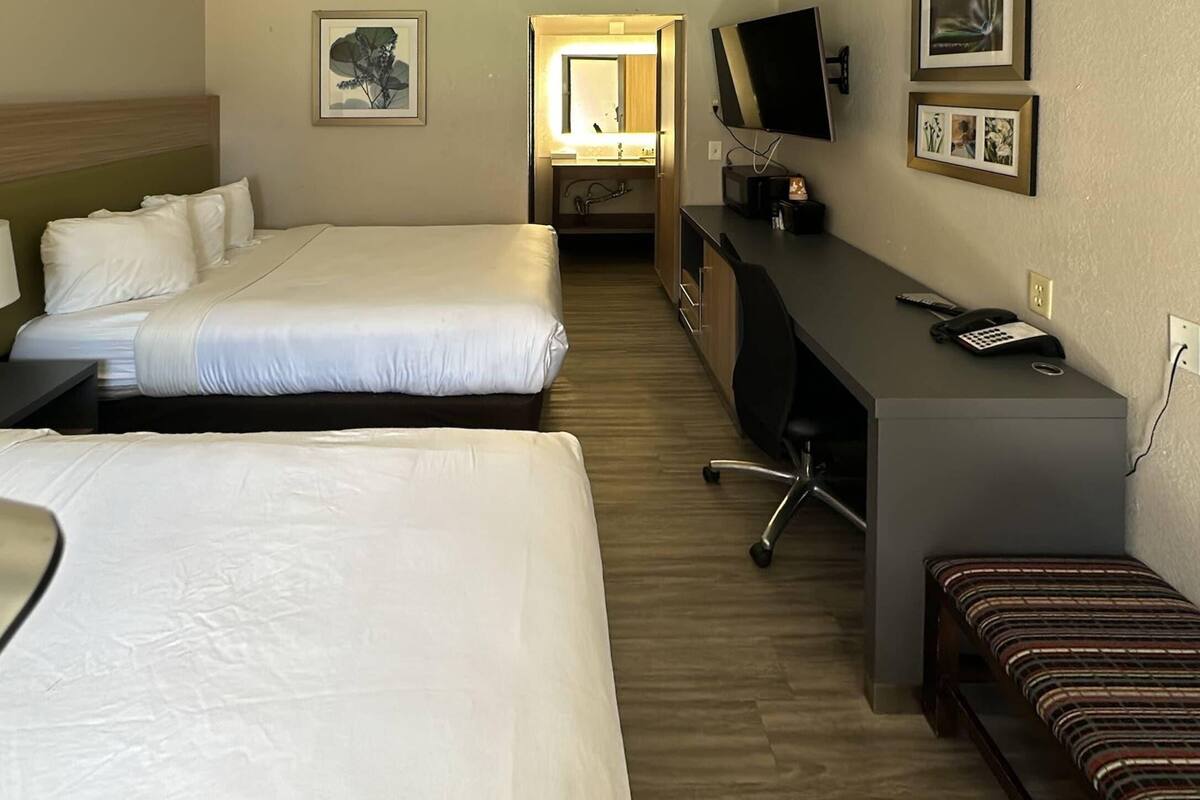 A hotel room with two beds, a desk with a telephone, a TV, and a small bench.
