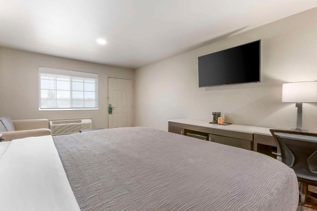Une chambre d’hôtel avec un lit, un bureau, une chaise, une télévision et une fenêtre.