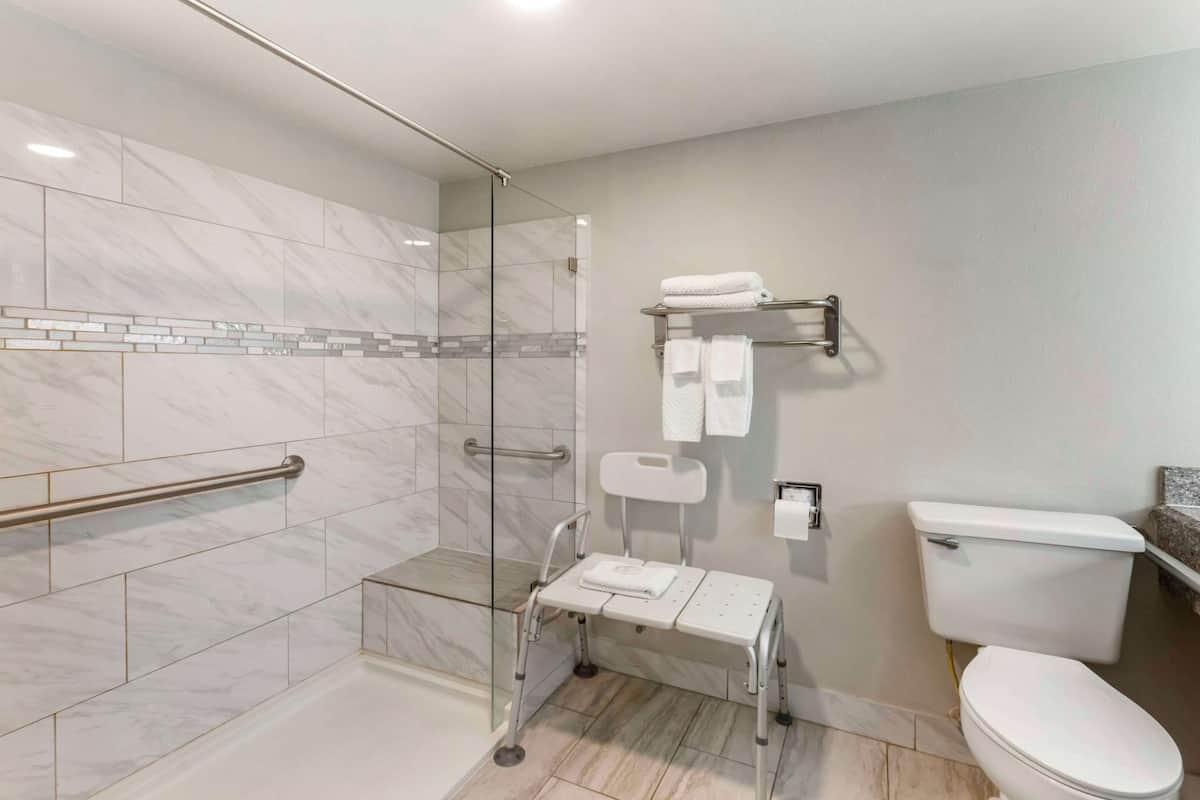 A modern bathroom with a glass-enclosed shower, a white toilet, and a grab bar.