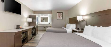 Standard Queen, 2 Queen Beds, Leisure Chair/Ottoman, Non Smoking | Desk, laptop workspace, blackout curtains, soundproofing