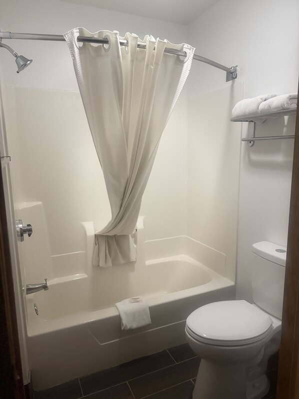 Un baño con ducha envuelta en vidrio, una bañera blanca y un inodoro.
