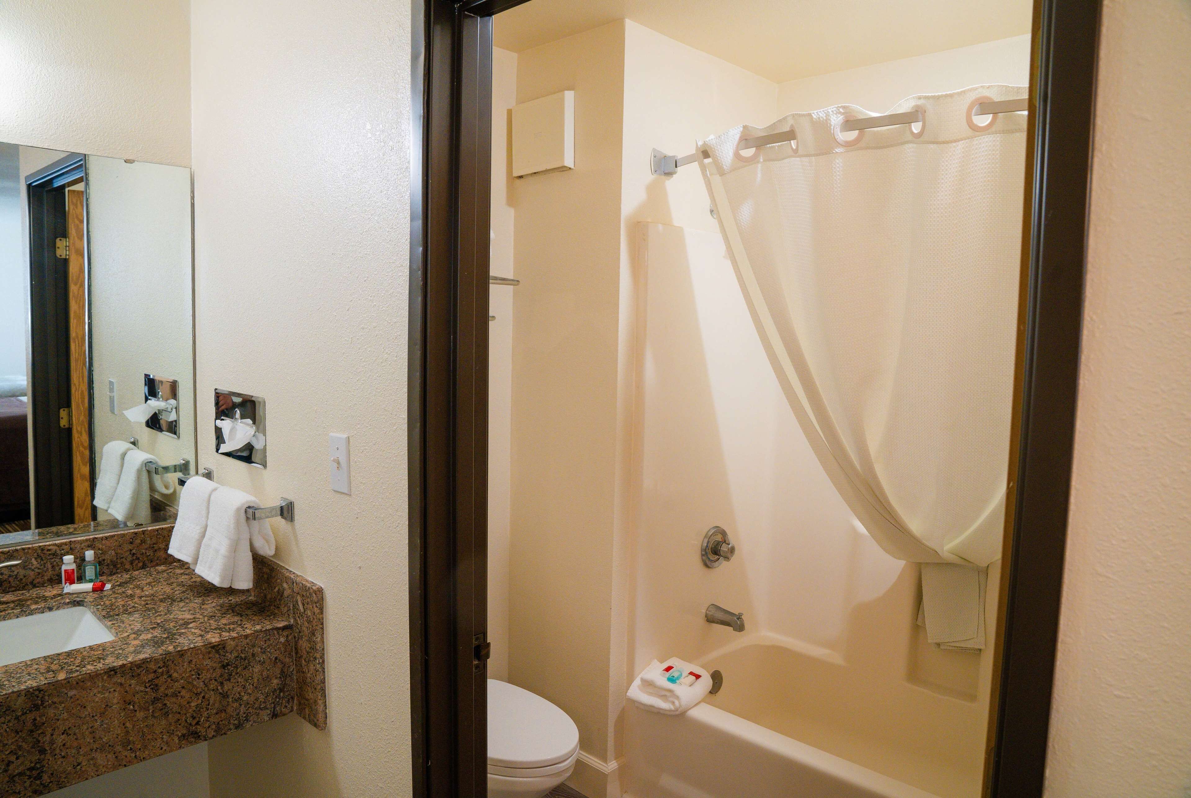 A bathroom with a sink, mirror, toilet, and bathtub.