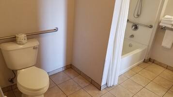 A bathroom with a toilet, a shower, and a bathtub.