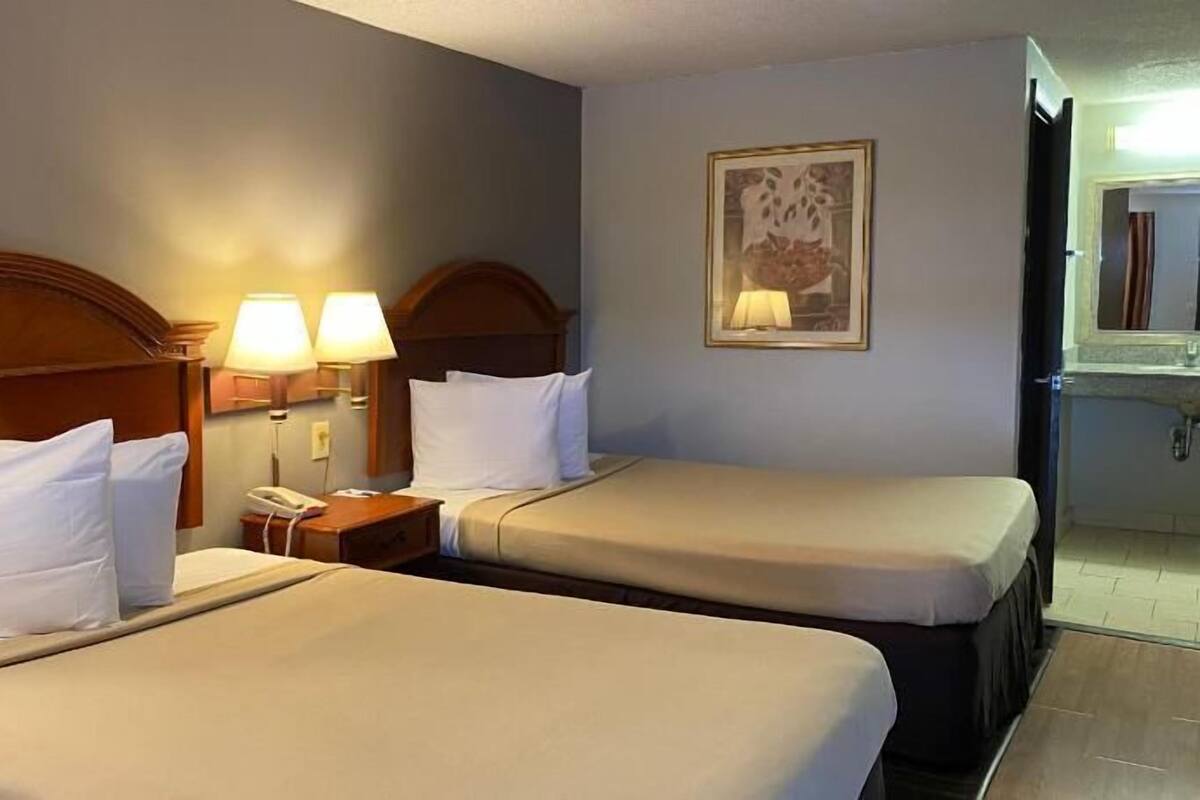 A hotel room with two beds, a bedside lamp, a telephone, and a framed picture on the wall.