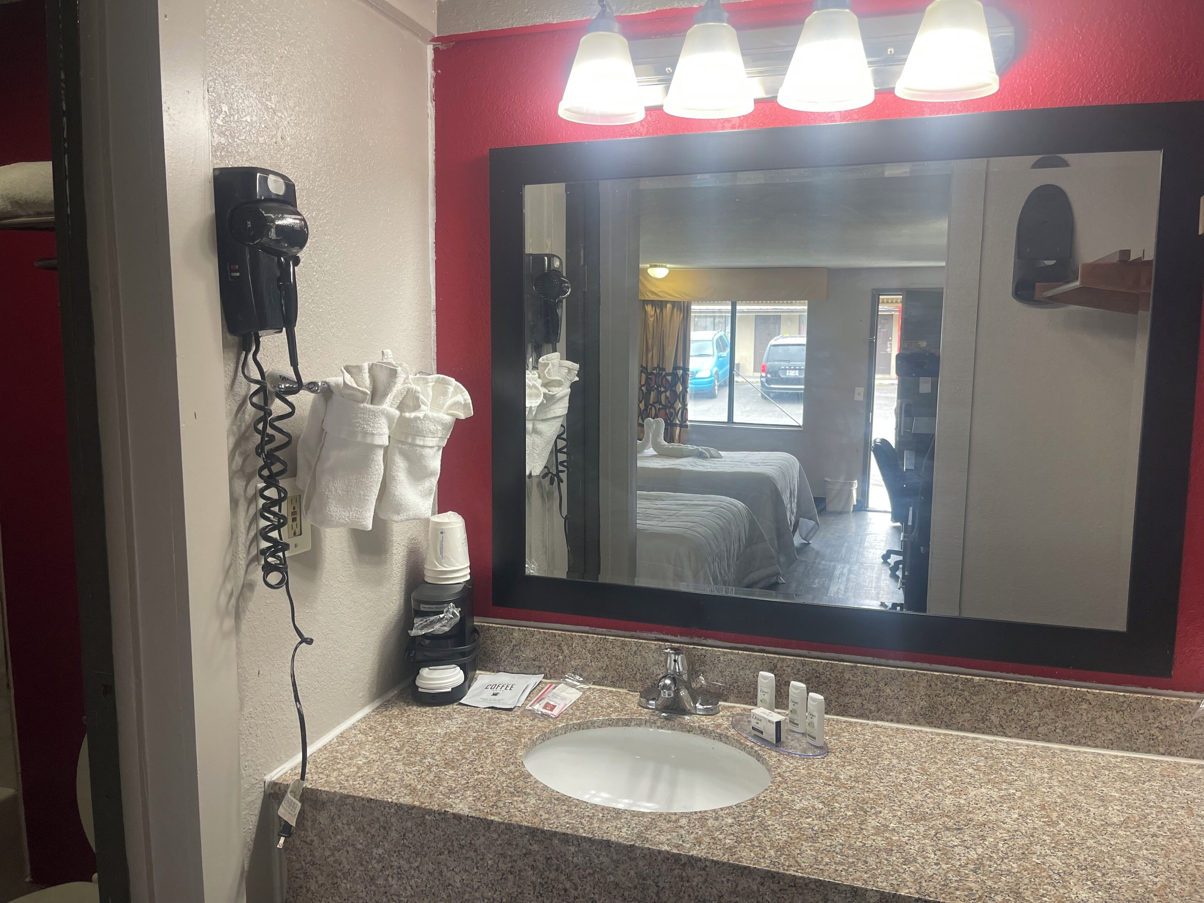 Desk, laptop workspace, blackout curtains, soundproofing