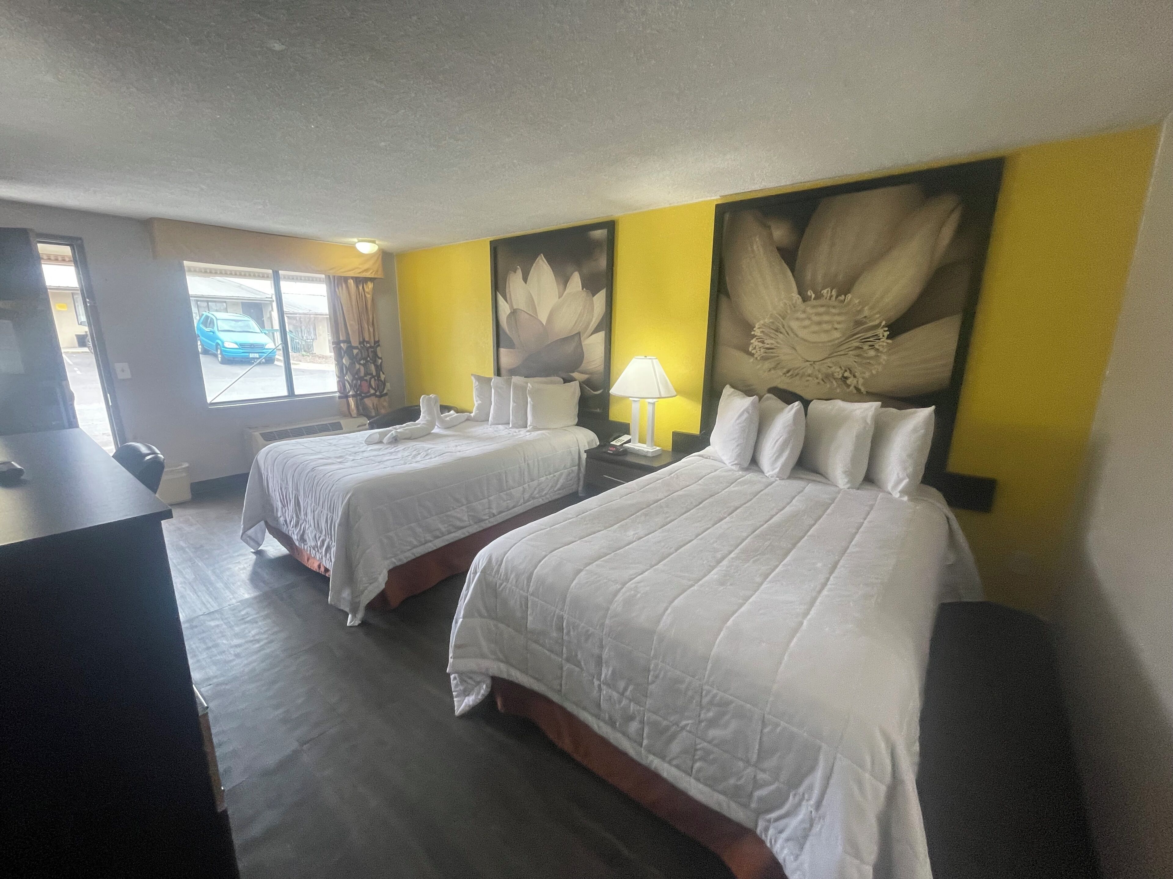 Desk, laptop workspace, blackout drapes, soundproofing