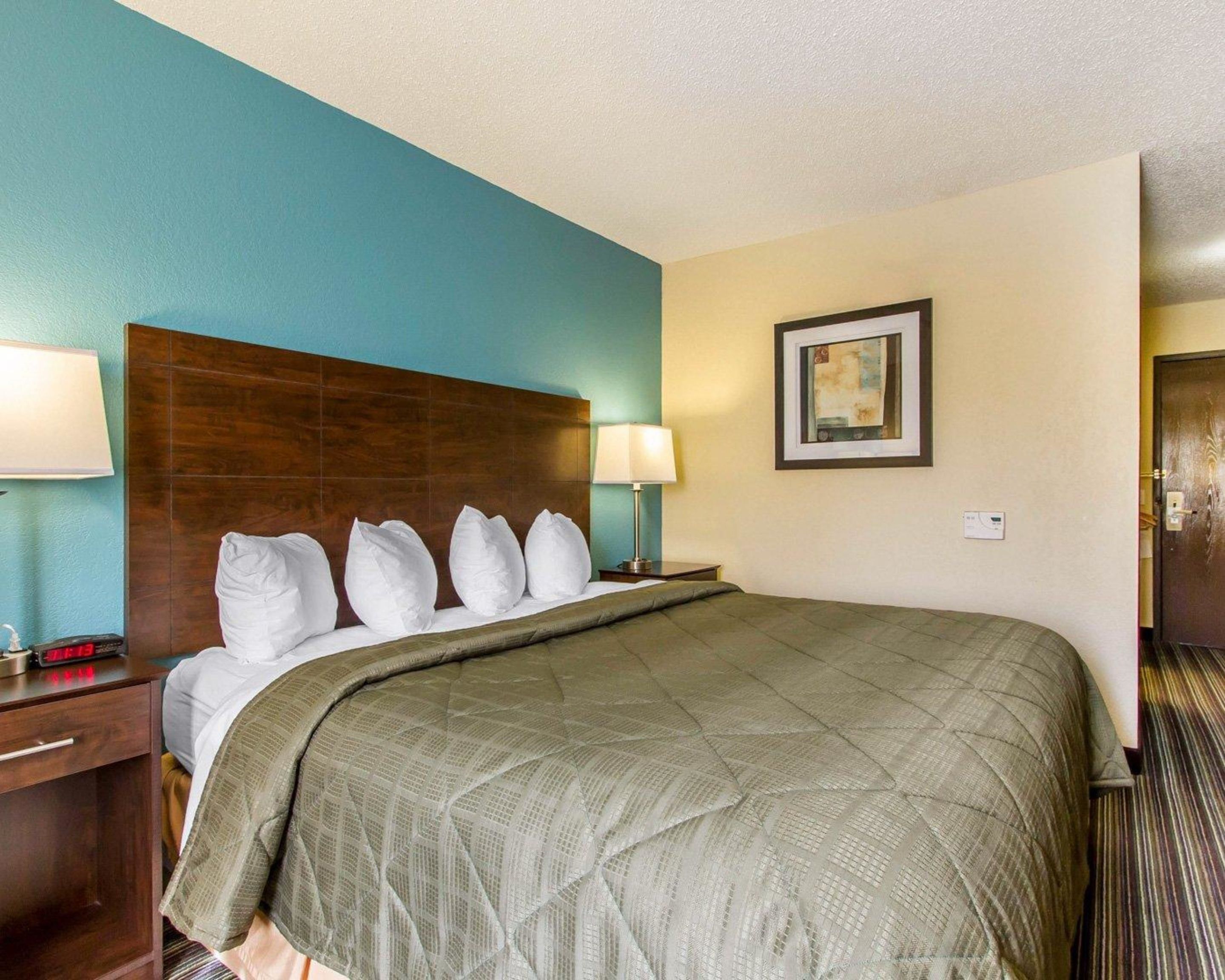 A hotel room with a large bed, a wooden headboard, a nightstand with a lamp, and a framed picture on the wall.