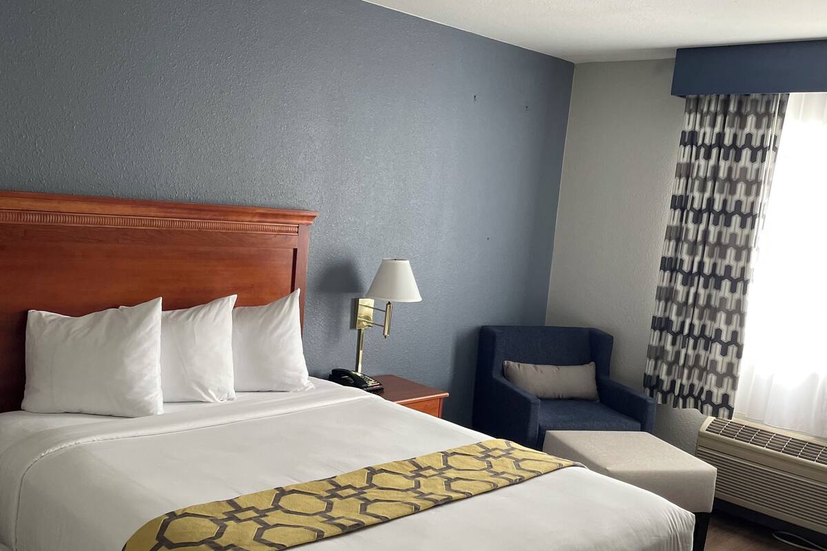 Habitación de hotel con una cama grande, una mesita de noche con lámpara, una silla y una ventana con cortinas estampadas.