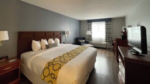 Habitación de hotel con una cama grande, un escritorio con televisor y una ventana con cortinas.