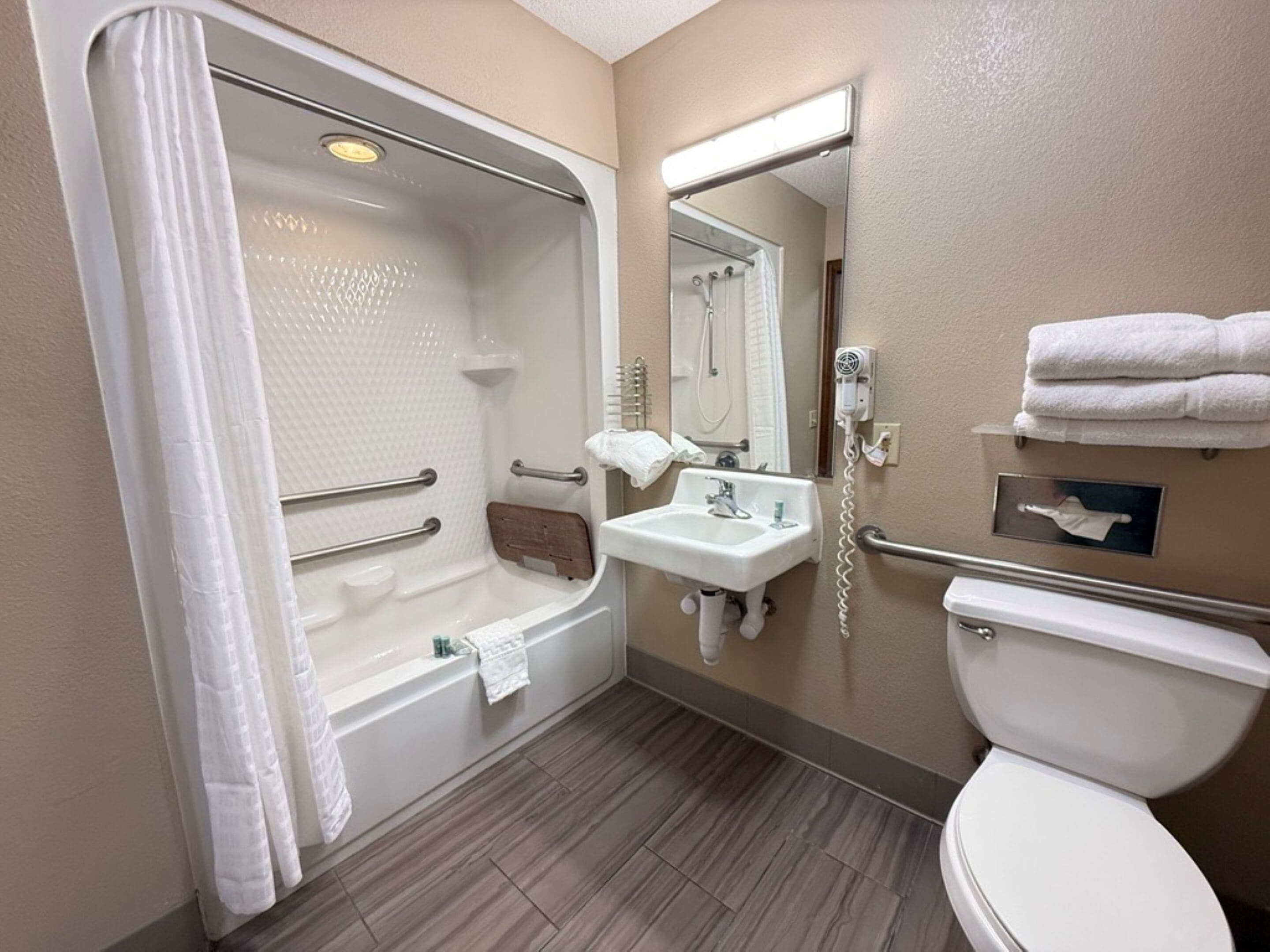 Phòng Tiêu chuẩn, 1 giường cỡ queen, phù hợp cho người khuyết tật, bồn tắm | Phòng tắm | Đồ dùng nhà tắm miễn phí, máy sấy tóc, khăn tắm, xà phòng 