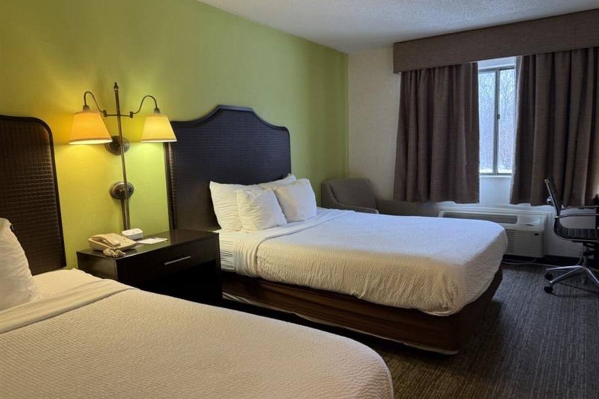 Standard Room, 2 Queen Beds, Non Smoking | In-room safe, desk, laptop workspace, blackout drapes