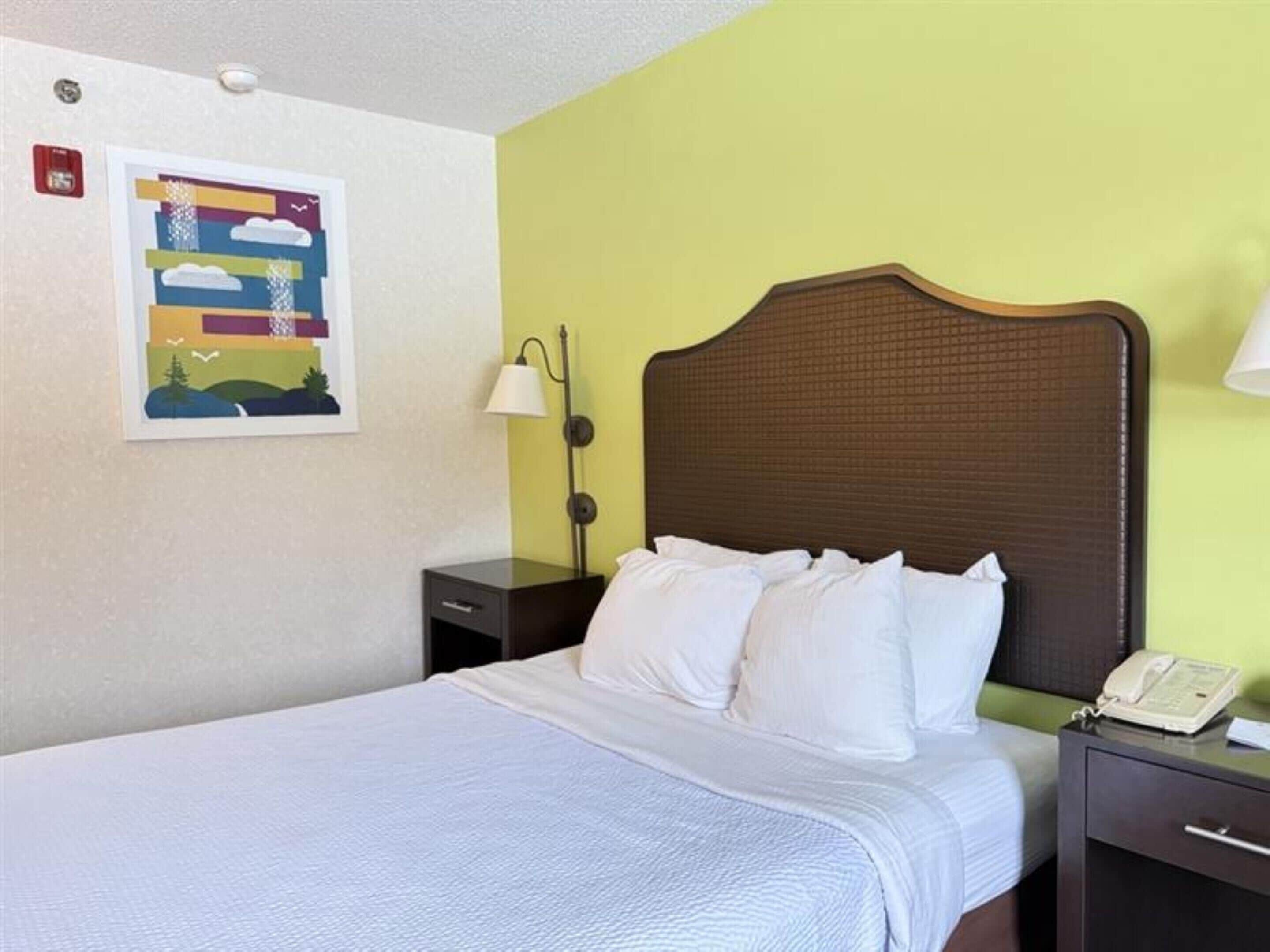A hotel room with a bed, a nightstand with a lamp, a phone, and a wall-mounted picture.