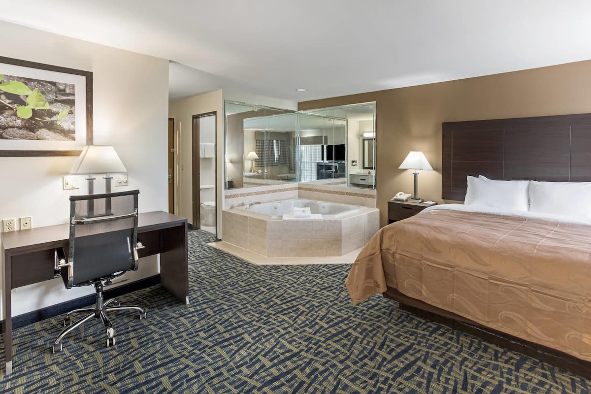 Una habitación de hotel con cama, escritorio, silla y una bañera grande.
