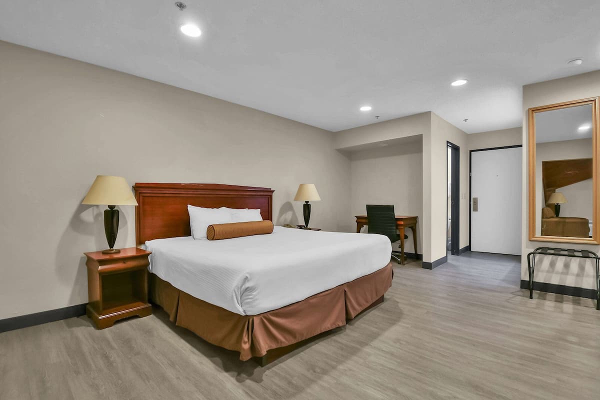 A hotel room with a large bed, two bedside tables with lamps, a desk, and a mirror.