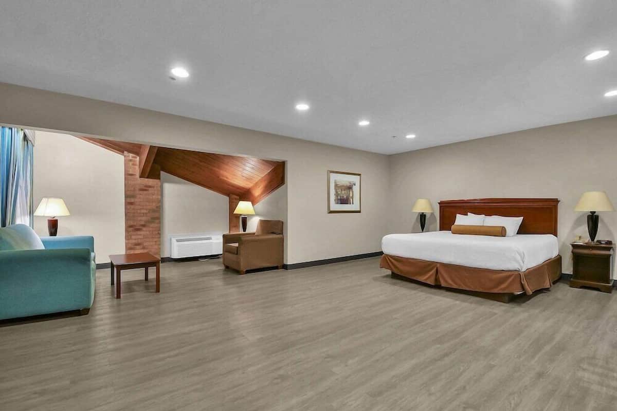 A hotel room with a bed, a sofa, a chair, a small table, and a lamp.