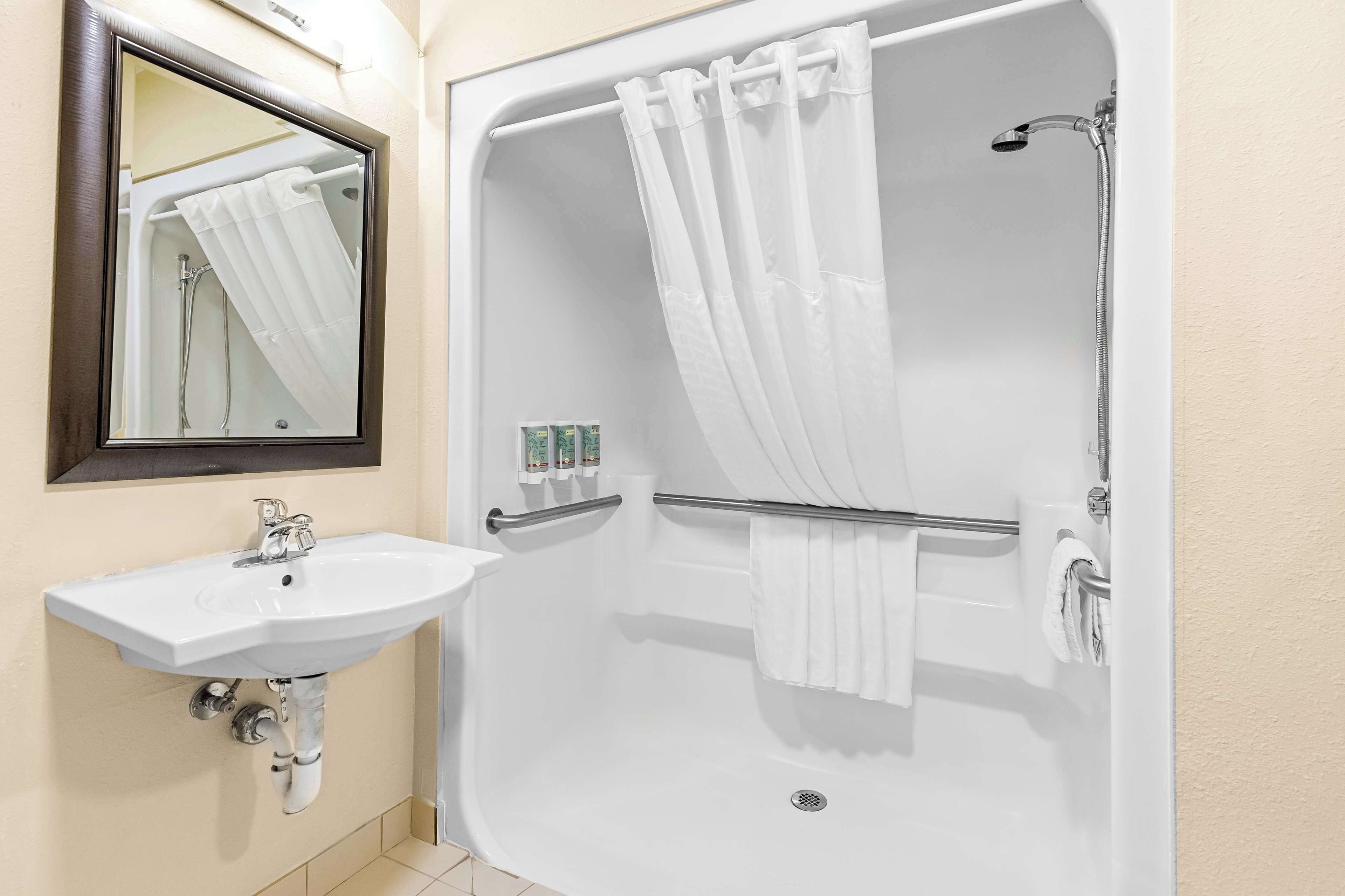 standard room, 1 queen bed, accessible, non smoking | bathroom | combined shower/bathtub, hair dryer, towels