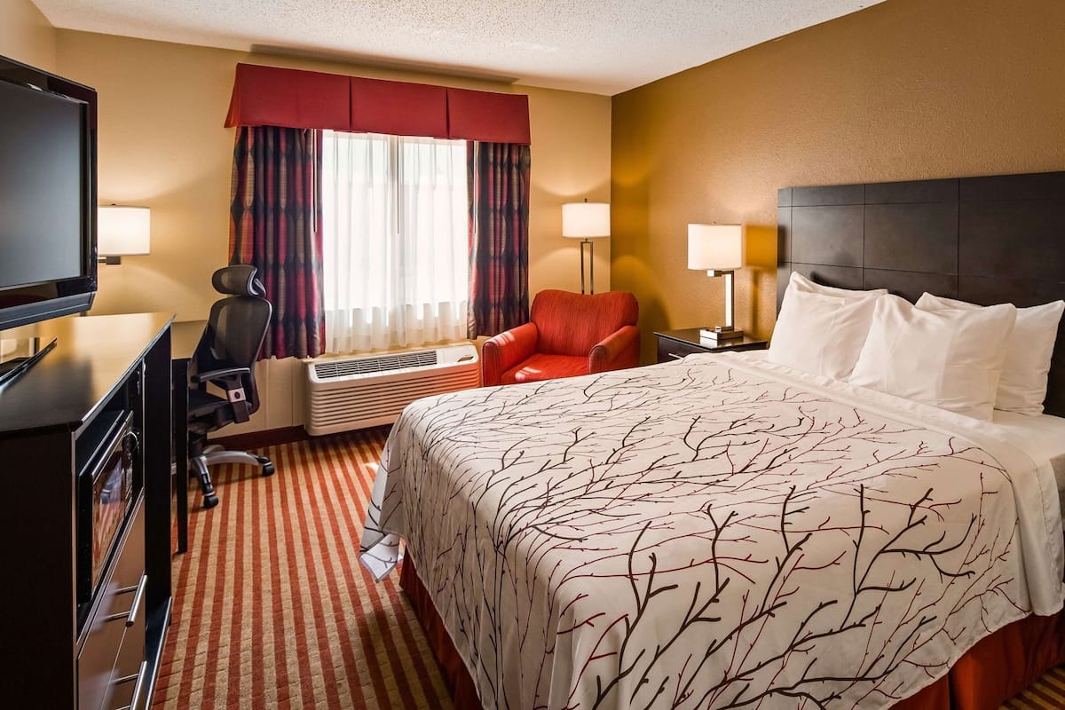 A hotel room with a bed, a desk, a chair, a TV, and a window with curtains.