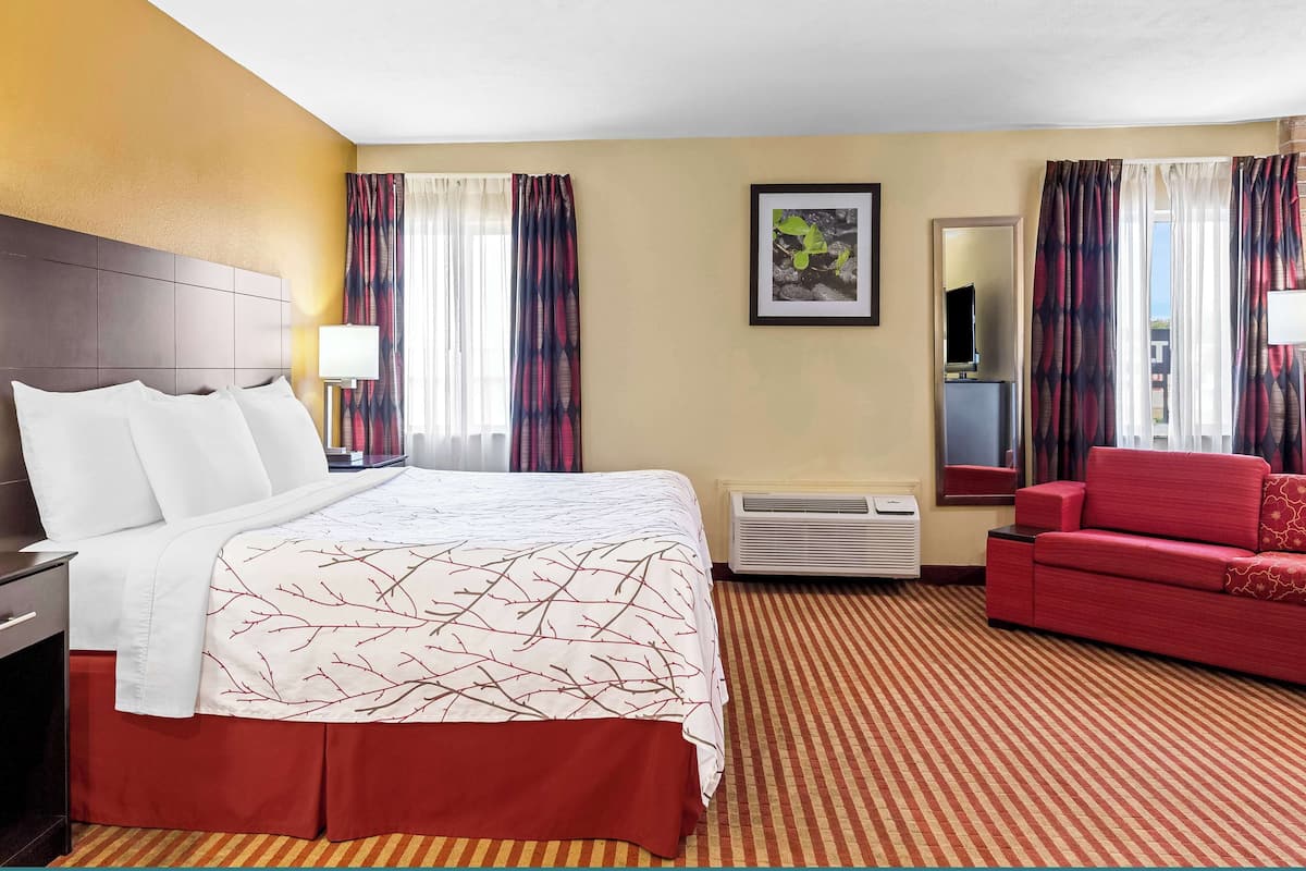 A hotel room with a large bed, a red sofa, a flat-screen TV, and a framed picture on the wall.